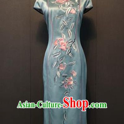 Custom Compere Clothing China Traditional Classical Cheongsam Embroidered Blue Silk Qipao Dress