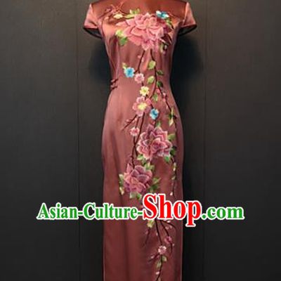 Custom China Traditional Embroidered Peony Pink Silk Qipao Dress Shanghai Compere Clothing Classical Cheongsam