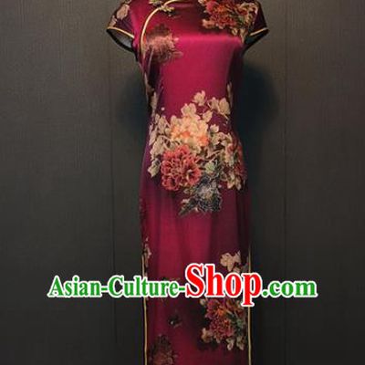 Shanghai Women Clothing Republic of China Bride Printing Peony Cheongsam Custom Classical Purple Silk Qipao Dress