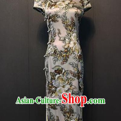 Custom Classical Silk Qipao Dress Shanghai Women Clothing Republic of China Bride Printing Flowers White Cheongsam