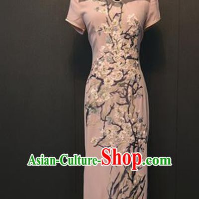 Custom Classical Embroidered Pink Qipao Dress Women Clothing Republic of China Shanghai Silk Cheongsam