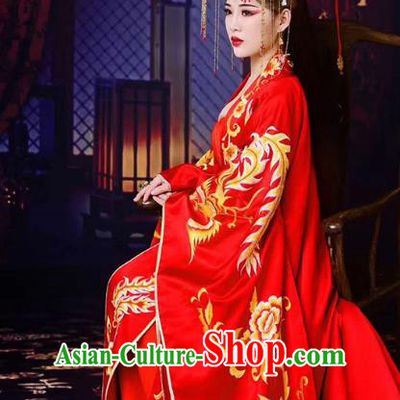 Chinese Ancient Bridal Dress Traditional Tang Dynasty Wedding Apparels Princess Red Costumes and Headdress Complete Set