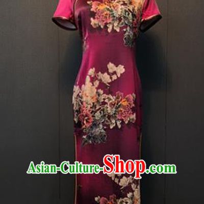 Shanghai Printing Peony Purple Silk Cheongsam Custom Classical Qipao Dress Republic of China Women Clothing
