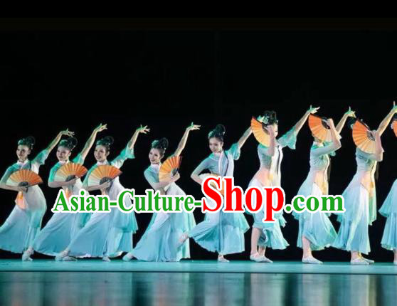 China Traditional Classical Dance Costume Fan Dance Women Group Dance Blue Outfits China Traditional Classical Dance Costume Fan Dance Women Group Dance Blue Outfits