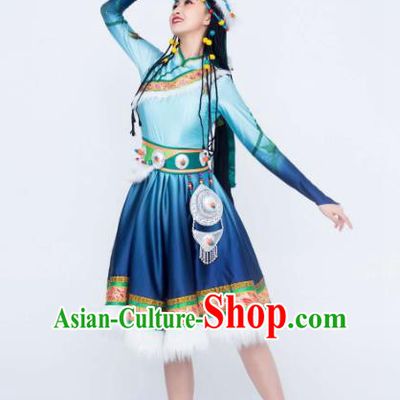 Custom China Tibetan Ethnic Clothing Traditional Minority Female Costumes Zang Nationality Folk Dance Blue Dress and Hat