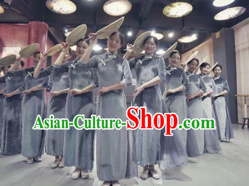 Traditional China Classical Dance Costume Drama Performance Grey Velvet Qipao Dress Traditional China Classical Dance Costume Drama Performance Grey Velvet Qipao Dress