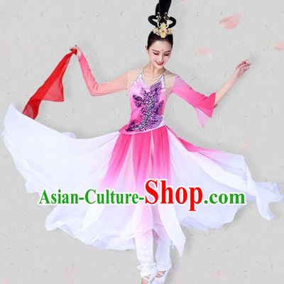 China Classical Dance Pink Dress Traditional Fan Dance Costume Dance Competition Performance Clothing and Headwear