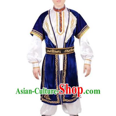 Custom China Ethnic Dance Clothing Traditional Minority Men Costumes Kazak Nationality Blue Vest Shirt Pants and Hat