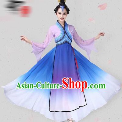China Classical Dance Costume Traditional Fan Dance Clothing Dance Competition Performance Lilac Dress and Headwear