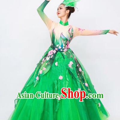 China Chorus Green Veil Dress Traditional Classical Dance Costume Spring Festival Gala Flower Dance Clothing