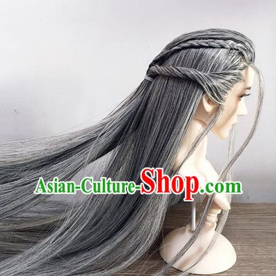 Handmade China Cosplay Ancient Knight Wigs BJD Swordsman Grey Wig Sheath