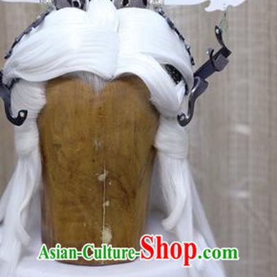Cosplay Royal Highness White Wig Sheath Handmade China Ancient Chivalrous Lord Wigs and Headpieces