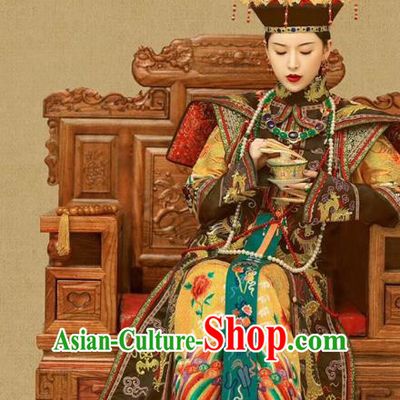 Chinese Ancient Manchu Queen Ruyi Embroidered Dress Traditional Qing Dynasty Court Empress Costumes and Phoenix Hat
