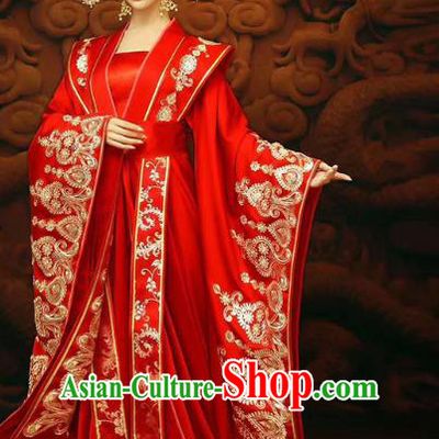 Chinese Traditional Tang Dynasty Costumes Ancient Princess Red Hanfu Dress Clothing and Phoenix Coronet Complete Set