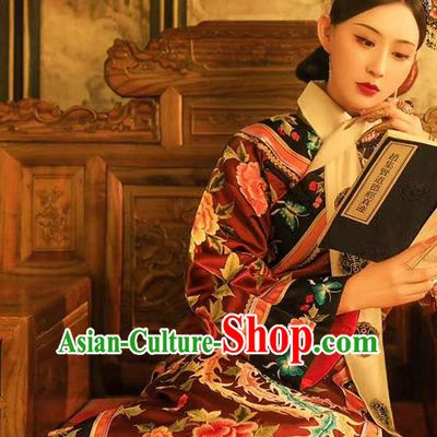 China Ancient Clothing Traditional Qing Dynasty Court Empress Costumes Royal Queen Embroidered Red Dress and Headpieces