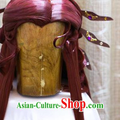 Cosplay Swordsman Red Wig Sheath Handmade China Ancient Duke Cemeng Wigs Style and Headwear
