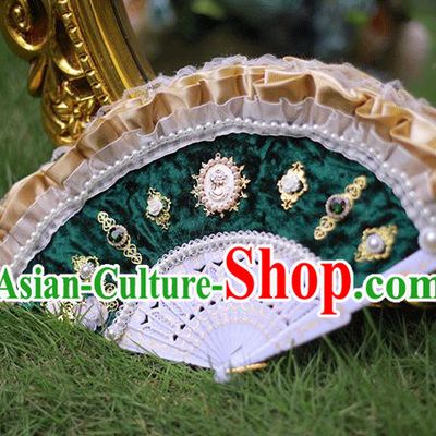 Vintage Egypt Queen Green Velvet Folding Fans Handmade Classical Fan