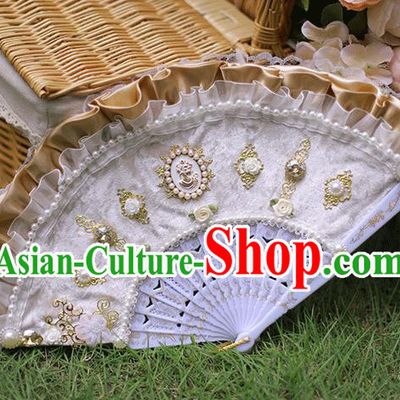 Vintage Dowager White Velvet Folding Fans Handmade Classical Pearls Fan