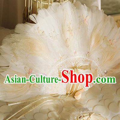 Halloween Beige Feather Folding Fans Handmade Custom Classical Bride Fan