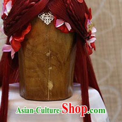 Cosplay Knight Swordsman Red Wig Sheath Handmade China Ancient Chivalrous Men Wigs Style and Hair Accessories