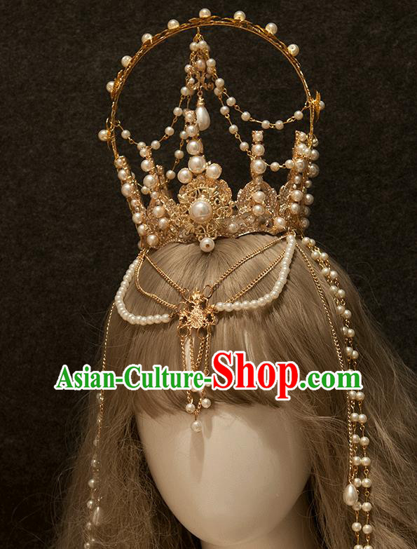 Halloween Cosplay Goddess Pearls Royal Crown Handmade Tassel Hair Accessories Halloween Cosplay Goddess Pearls Royal Crown Handmade Tassel Hair Accessories