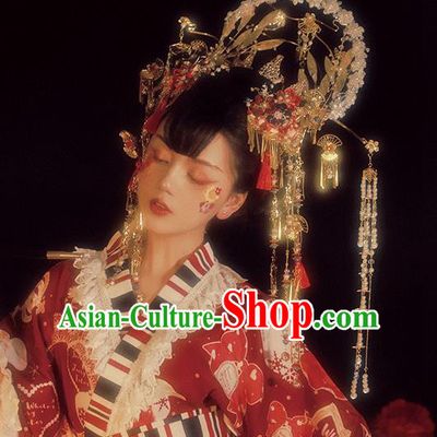 Handmade Japanese Kimono Hair Accessories Headwear Halloween Cosplay Courtesan Deluxe Pearls Hair Crown Hairpins