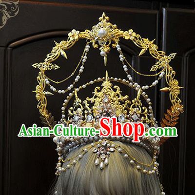 Handmade Gothic Queen Hair Accessories Headwear Halloween Cosplay Deluxe Golden Royal Crown