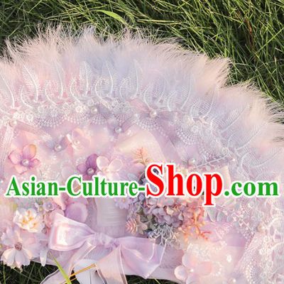 Handmade Versailles Folding Fans Classical Wedding Bride Pink Feather Fan