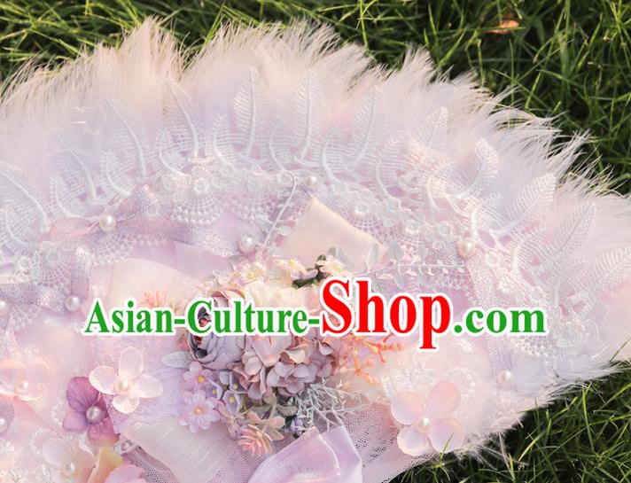 Handmade Versailles Folding Fans Classical Wedding Bride Pink Feather Fan Handmade Versailles Folding Fans Classical Wedding Bride Pink Feather Fan