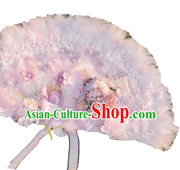 Handmade Versailles Folding Fans Classical Wedding Bride Pink Feather Fan Handmade Versailles Folding Fans Classical Wedding Bride Pink Feather Fan