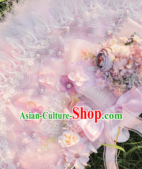 Handmade Versailles Folding Fans Classical Wedding Bride Pink Feather Fan Handmade Versailles Folding Fans Classical Wedding Bride Pink Feather Fan