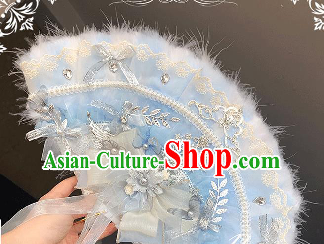 Handmade Wedding Blue Feather Folding Fans Classical Bride Fan Accordion Handmade Wedding Blue Feather Folding Fans Classical Bride Fan Accordion