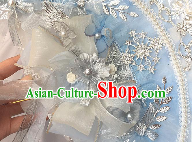Handmade Wedding Blue Feather Folding Fans Classical Bride Fan Accordion Handmade Wedding Blue Feather Folding Fans Classical Bride Fan Accordion