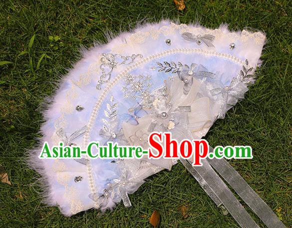 Handmade Wedding Blue Feather Folding Fans Classical Bride Fan Accordion Handmade Wedding Blue Feather Folding Fans Classical Bride Fan Accordion