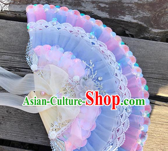 Handmade Wedding Blue Silk Folding Fans Wood Accordion Classical Bride Fan Handmade Wedding Blue Silk Folding Fans Wood Accordion Classical Bride Fan