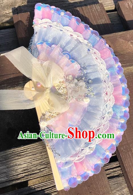 Handmade Wedding Blue Silk Folding Fans Wood Accordion Classical Bride Fan Handmade Wedding Blue Silk Folding Fans Wood Accordion Classical Bride Fan