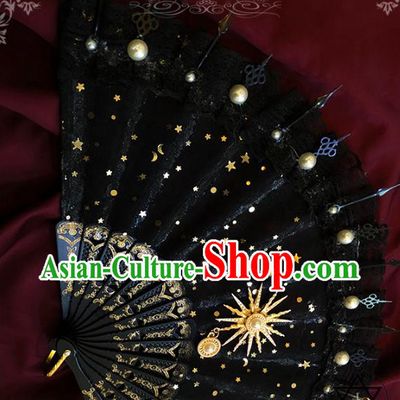 Handmade Black Lace Folding Fans Classical Gothic Princess Fan Victorian Era Hexagram Accordion