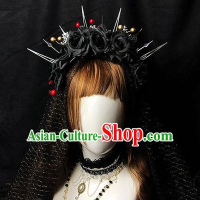 Halloween Cosplay Black Roses Royal Crown Handmade Hair Accessories Stage Show Gothic Princess Headwear