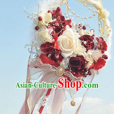 China Traditional Wedding Fans Handmade Classical Bride Palace Fan Rose Flowers Fan with LED Lights