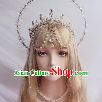 Halloween Cosplay Princess Aureole and Crystal Royal Crown Stage Show Headwear Handmade Goddess Hair Accessories