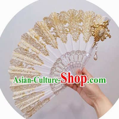 Handmade Retro White Lace Folding Fans Classical Bridal Fan Court Wedding Accordion