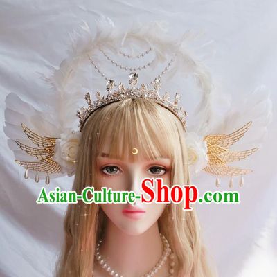 Handmade Cosplay Hair Accessories White Feather Aureole and Angel Royal Crown Halloween Stage Show Headwear