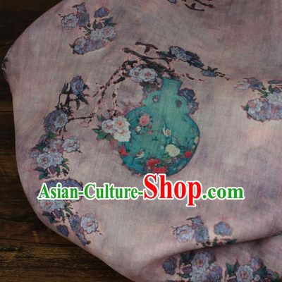 Chinese Traditional Linen Drapery Asian Qipao Dress Flax Cloth Printing Flowers Vase Pattern Lilac Ramine Fabric
