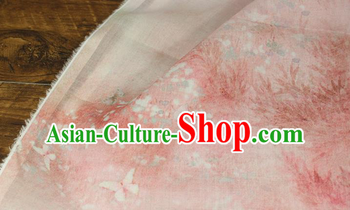 Chinese Traditional Butterfly Pattern Pink Flax Fabric Qipao Dress Cloth Asian Linen Drapery