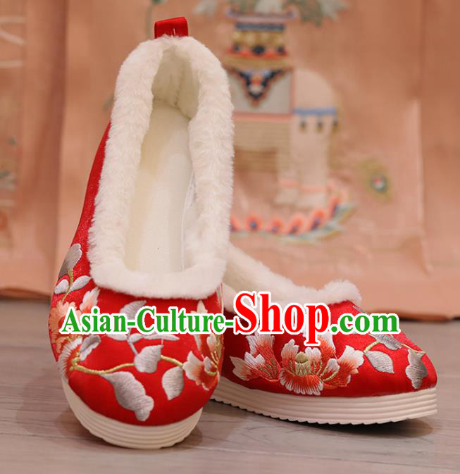 China Opera Shoes Winter Shoes Princess Shoes Embroidered Hibiscus Red Shoes Handmade Cloth Shoes