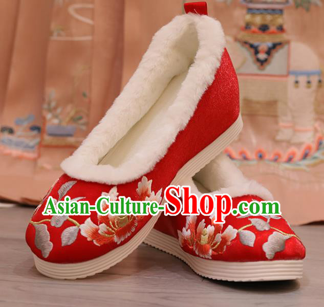 China Opera Shoes Winter Shoes Princess Shoes Embroidered Hibiscus Red Shoes Handmade Cloth Shoes