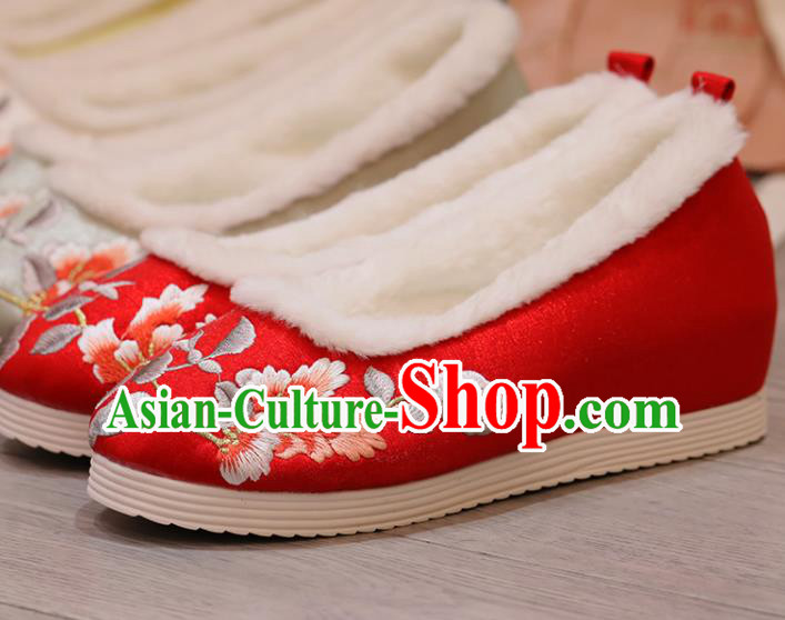 China Opera Shoes Winter Shoes Princess Shoes Embroidered Hibiscus Red Shoes Handmade Cloth Shoes