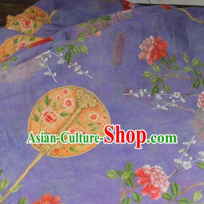 Chinese Printing Plum Peony Fan Pattern Lilac Flax Fabric Traditional Asian Linen Drapery Qipao Dress Cloth