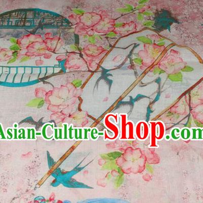 Chinese Printing Peach Blossom Fan Pattern Flax Fabric Traditional Asian Linen Drapery Qipao Dress Pink Ramine Cloth