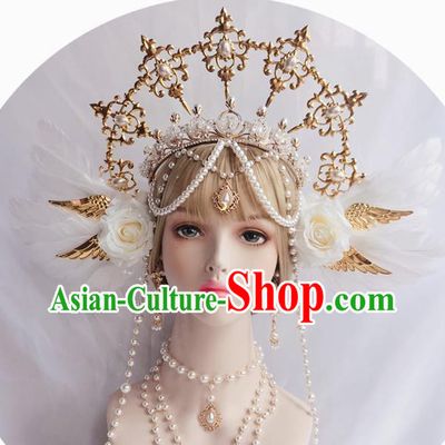 Halloween Stage Show Princess Headwear White Roses Aureole and Royal Crown Handmade Wedding Hair Accessories